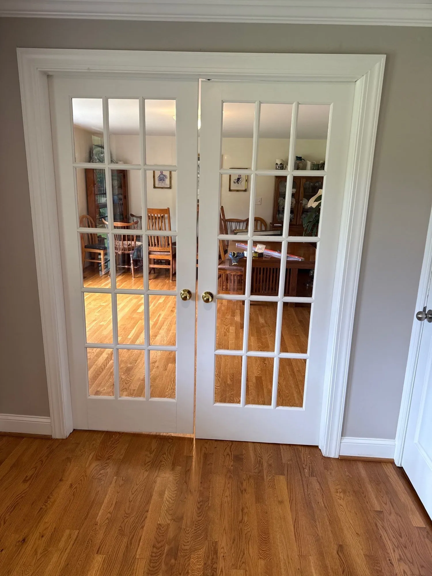 Pair of white fifteen-lite French doors hung square in a cased opening above oak flooring