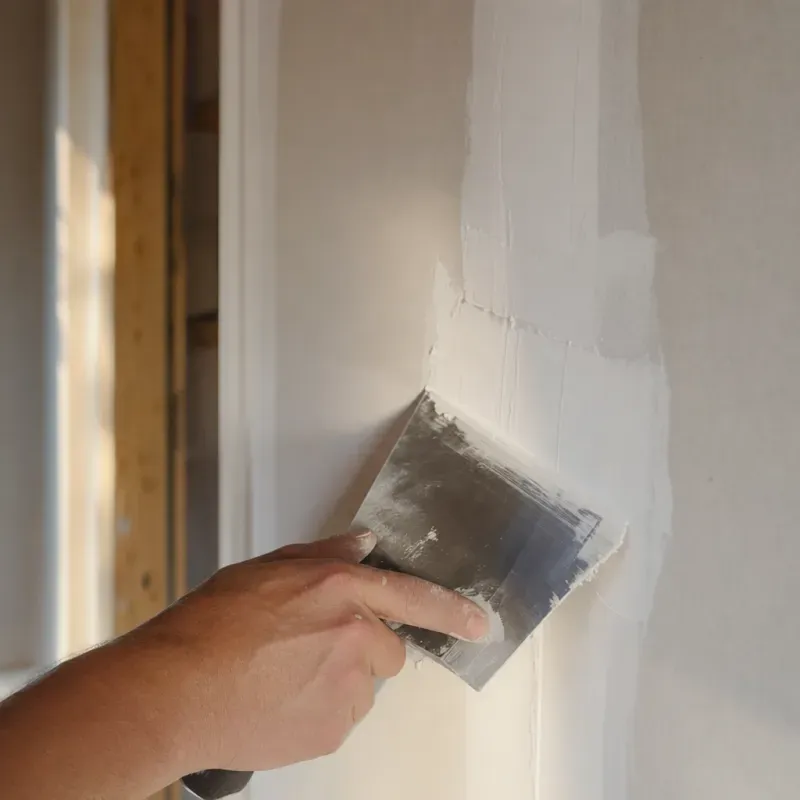 A taping knife smoothing a clean drywall patch during a home repair